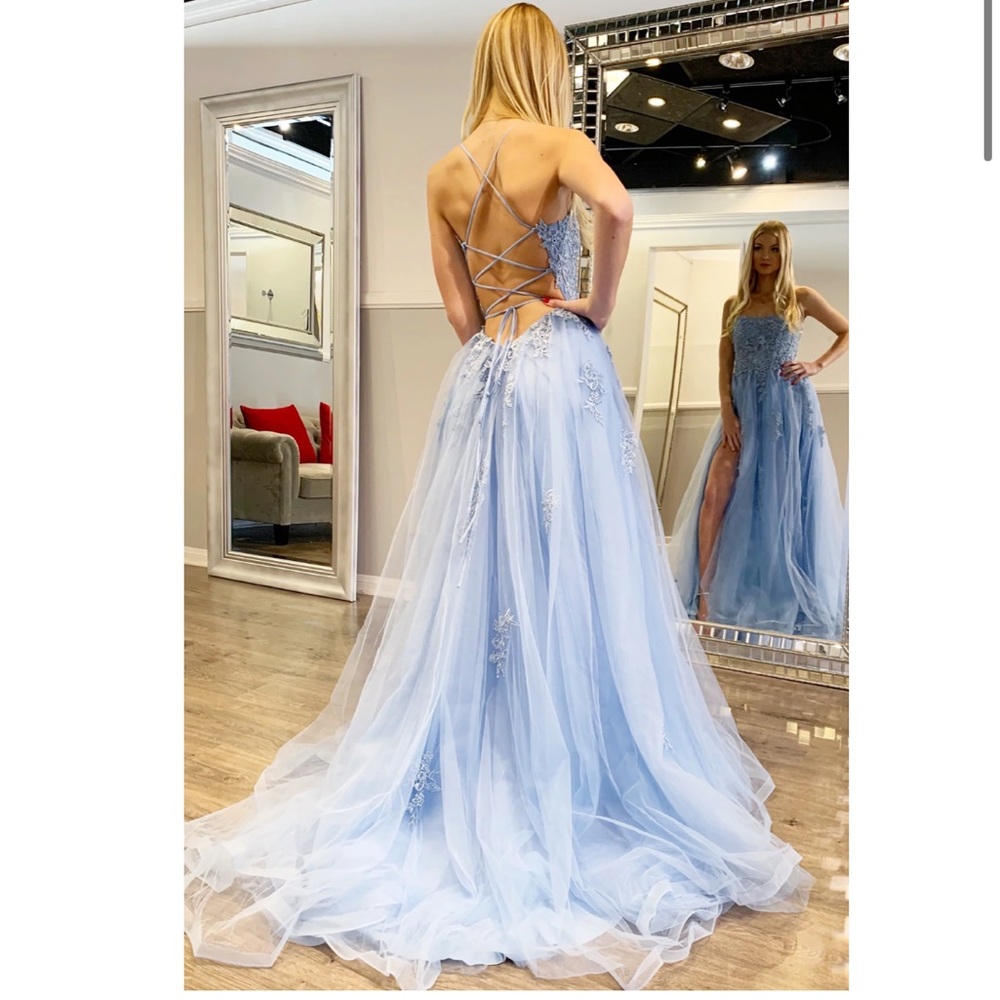 Rene beautiful chiffon & lace corset prom dress in sky blue - Picture 3 of 17